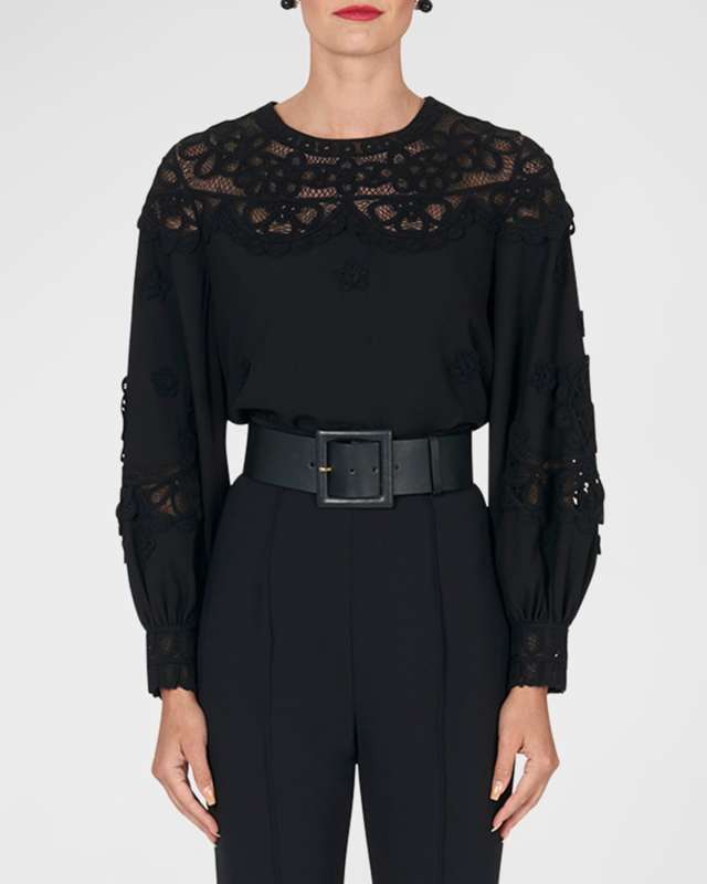 Embroidered Puff-Sleeve Top with Lace Panels
